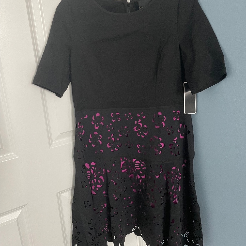 SHANI Collection-Laser Cut Ponte Fit & Flare Black/Purple-size 10-NEW WITH TAGS